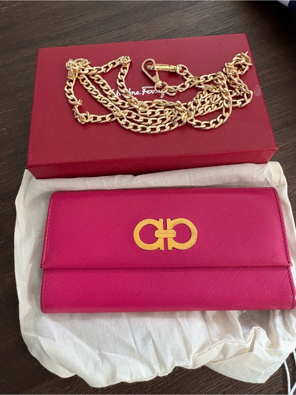 Salvatore Ferragamo Agata Rosa Calf Gancini  Wallet with off label chain
